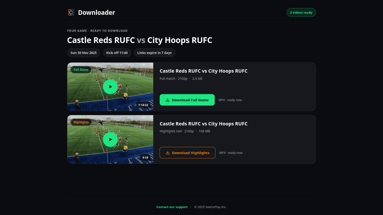 SeeUsPlay Downloader with full game and highlights ready
